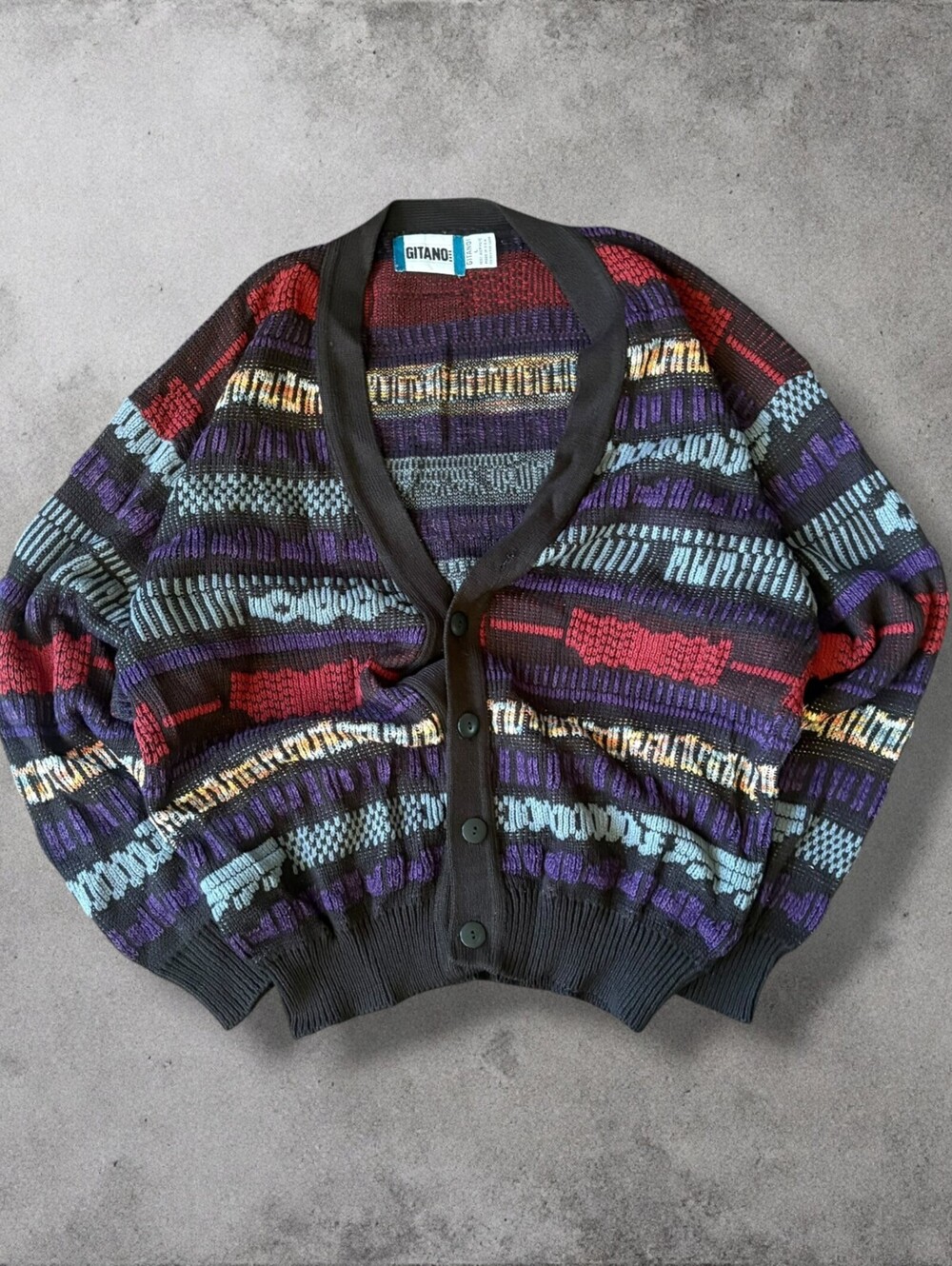 Vintage 90s Gitano Knit Cardigan Mens Large Made in USA Button Up Pattered